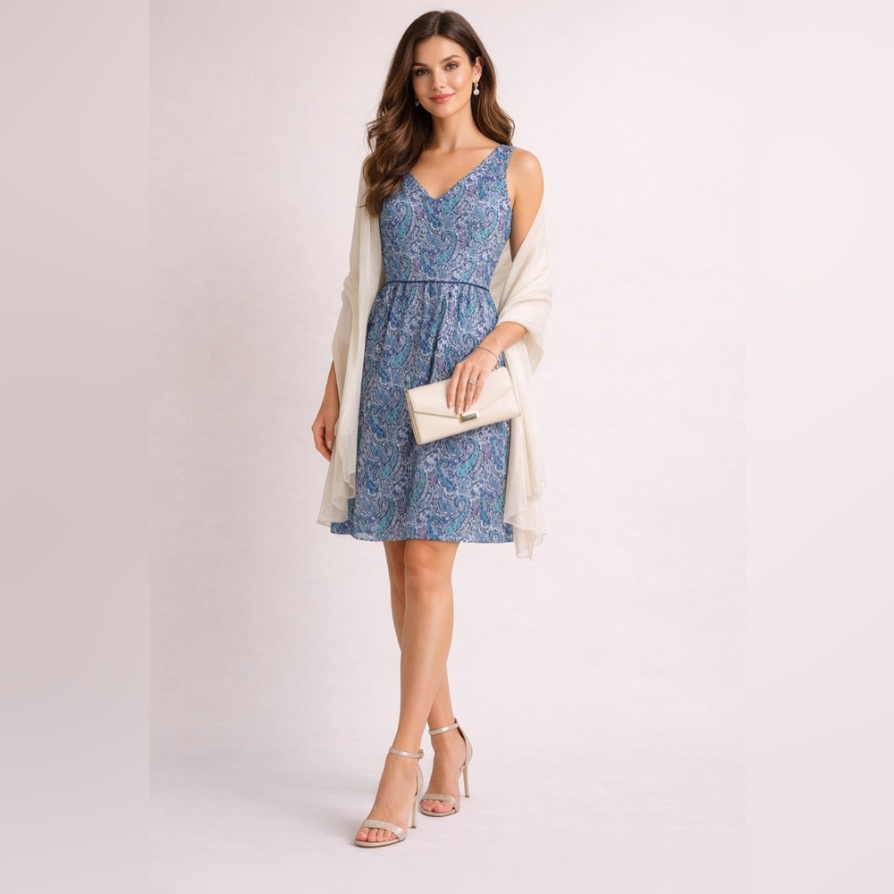 Lord‎ & Taylor Liberty Fabric Blue Paisley Dress Spring V-Neck | Size 6